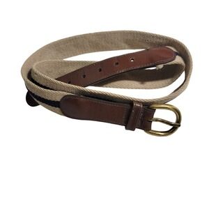 Canterbury Mens 36 Striped Wool Webbing Leather Belt Khaki Navy Brass Buckle